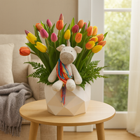 Jazmín-caja con 30 tulipanes y Unicornio de peluche