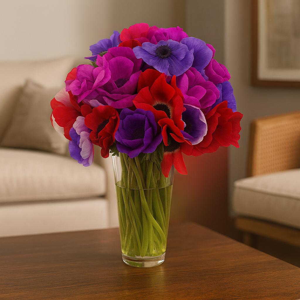 Valeria-florero de vidrio con Anemonas