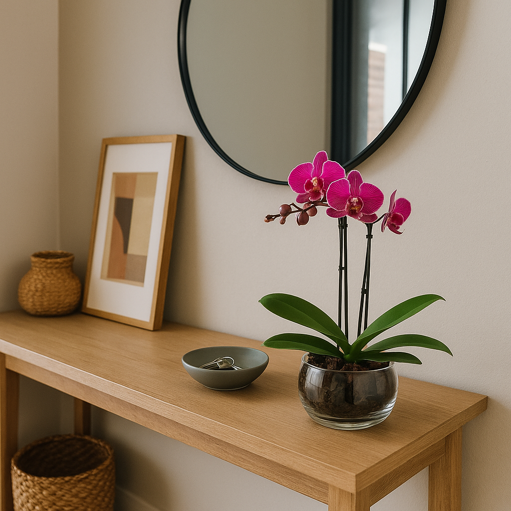 MINI orquídea phalaenopsis cristal-base con una mini orquídea fiusha