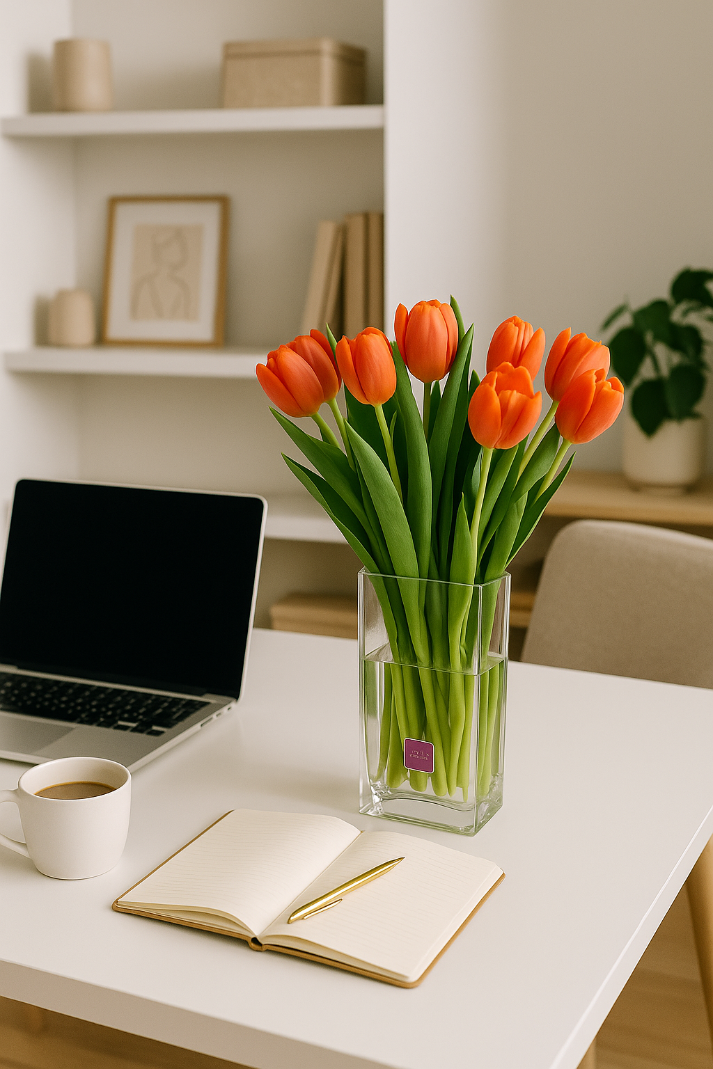 Camila - florero rectangular con 20 tulipanes naranja