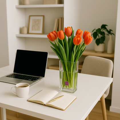 Camila - florero rectangular con 20 tulipanes naranja