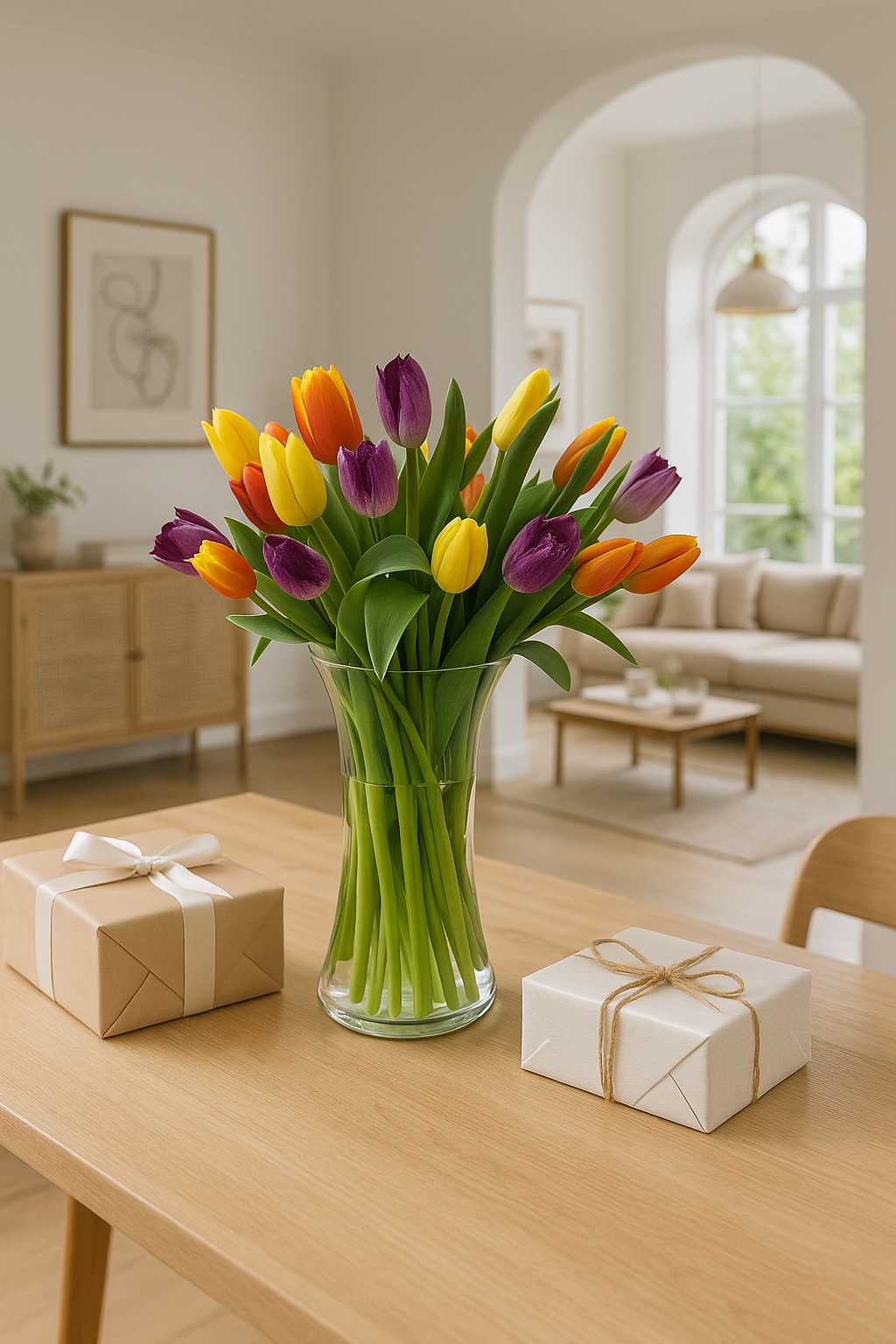 Marlene - florero de vidrio con  30 tulipanes de colores