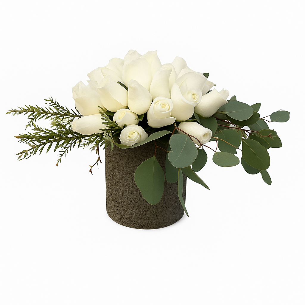 Paloma - base de cemento con 24 rosas blancas