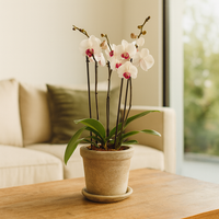 Arena-maceta con dos orquídeas phalaenopsis