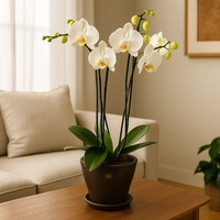 Phalaenopsis  Sonora Oro-maceta con dos orquídeas blancas