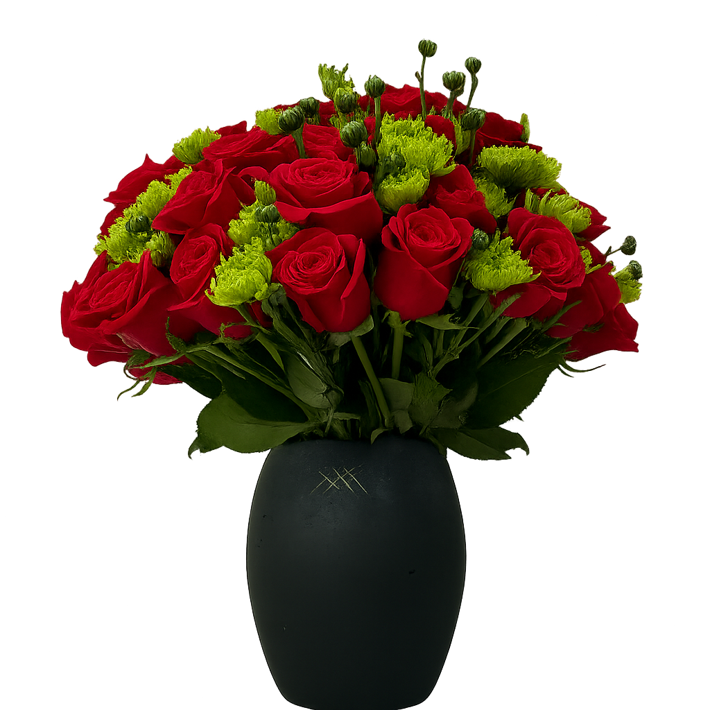 Matilde-  florero con rosas rojas y margaritas