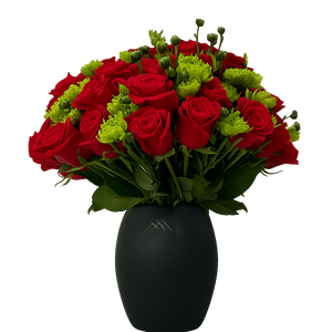 Matilde-  florero con rosas rojas y margaritas