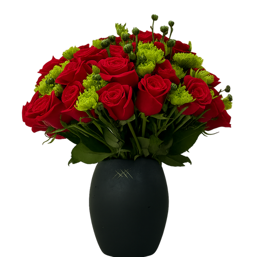 Matilde-  florero con rosas rojas y margaritas