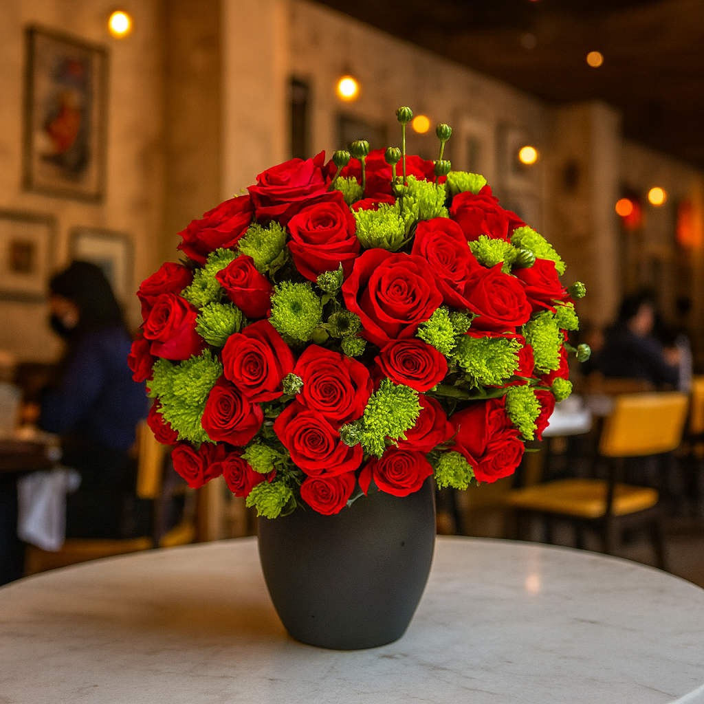 Matilde-  florero con rosas rojas y margaritas