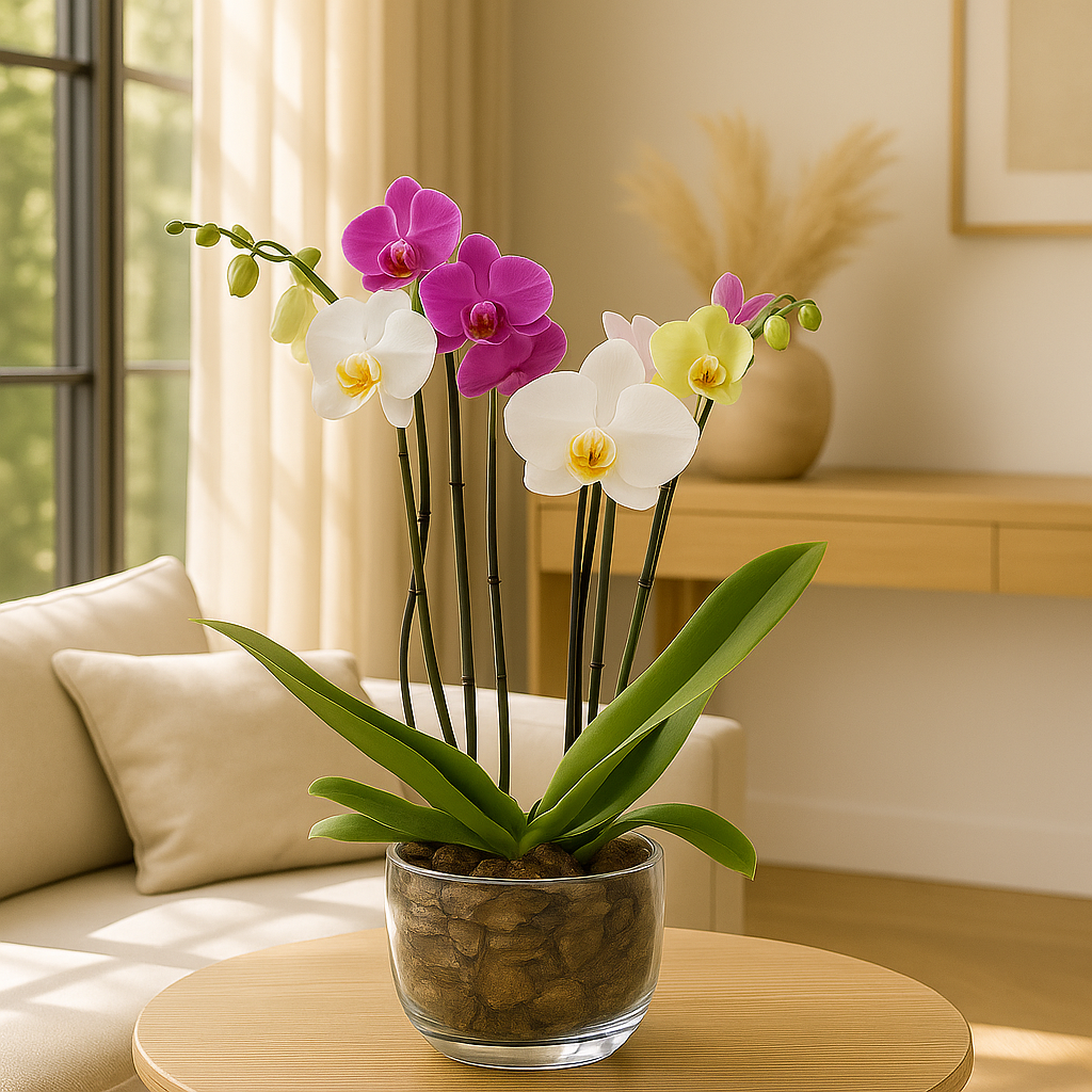 Bowl-base de cristal con dos orquídeas mixtas