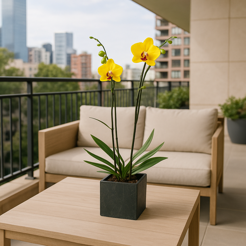 Elegance -maceta cubo negro con una orquídea amarilla