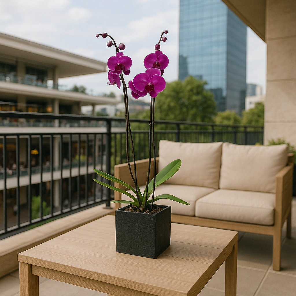 Elegance -maceta cubo negro con una orquídea fiusha