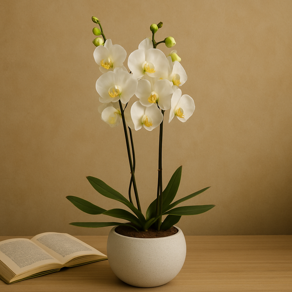 Phalaenopsis Piedra- maceta con una orquídea blanca