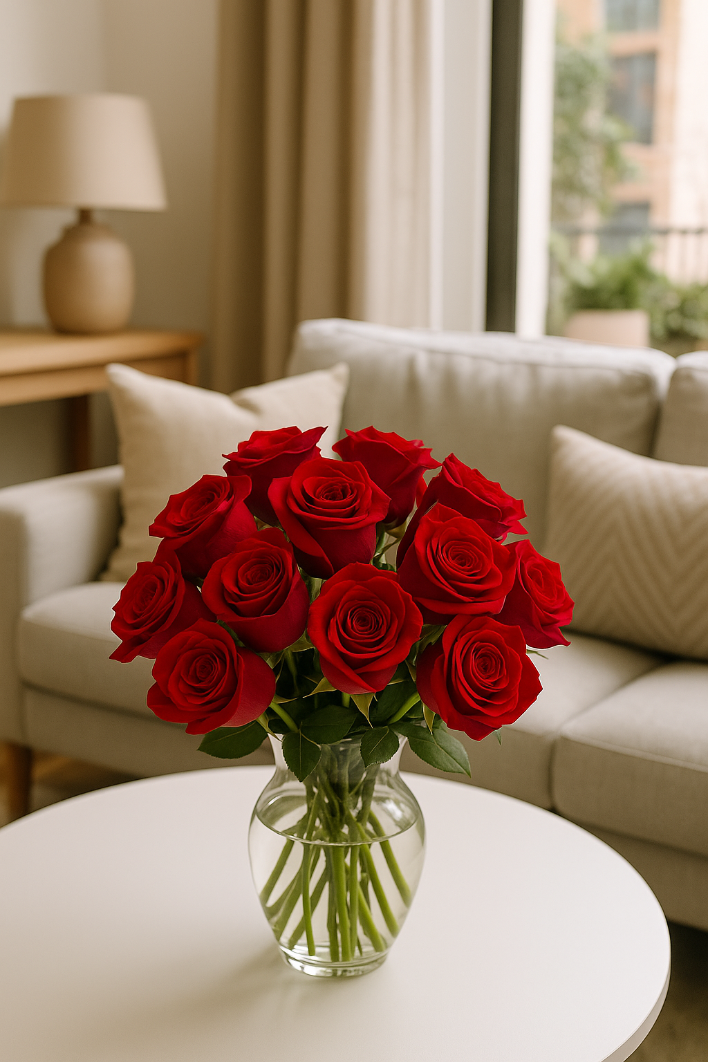Andrea - florero de vidrio con 24 rosas rojas