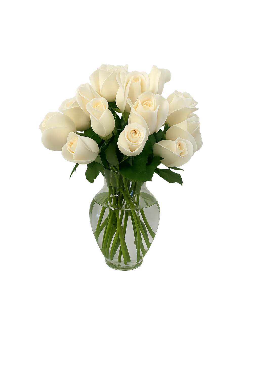 Andrea - florero de vidrio con 24 rosas blancas