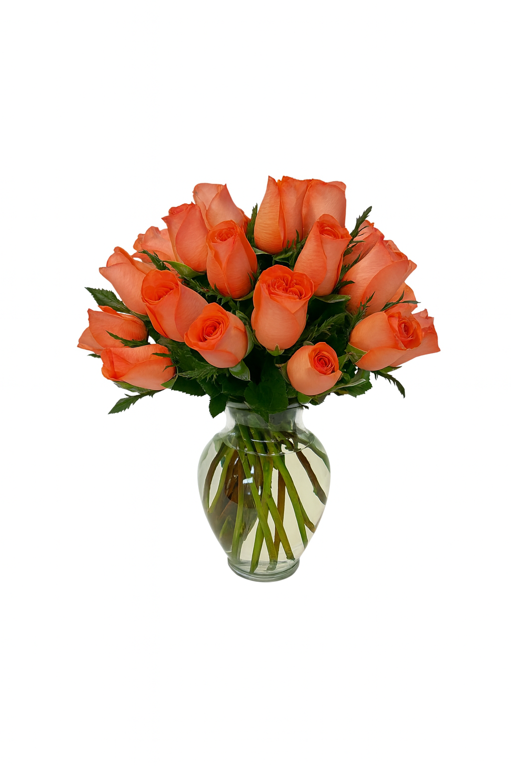 Andrea - florero de vidrio con 24 rosas naranja