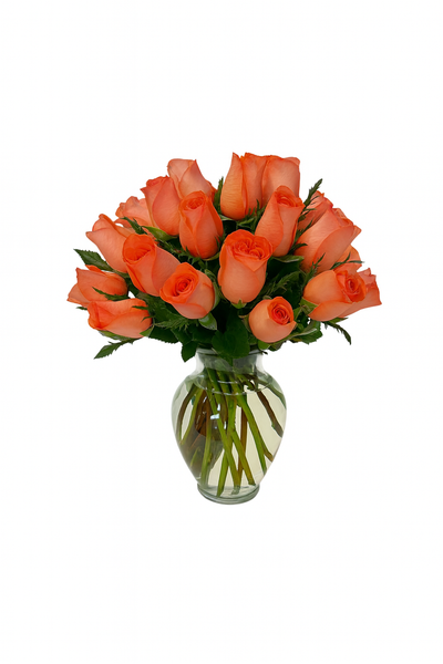 Andrea - florero de vidrio con 24 rosas naranja