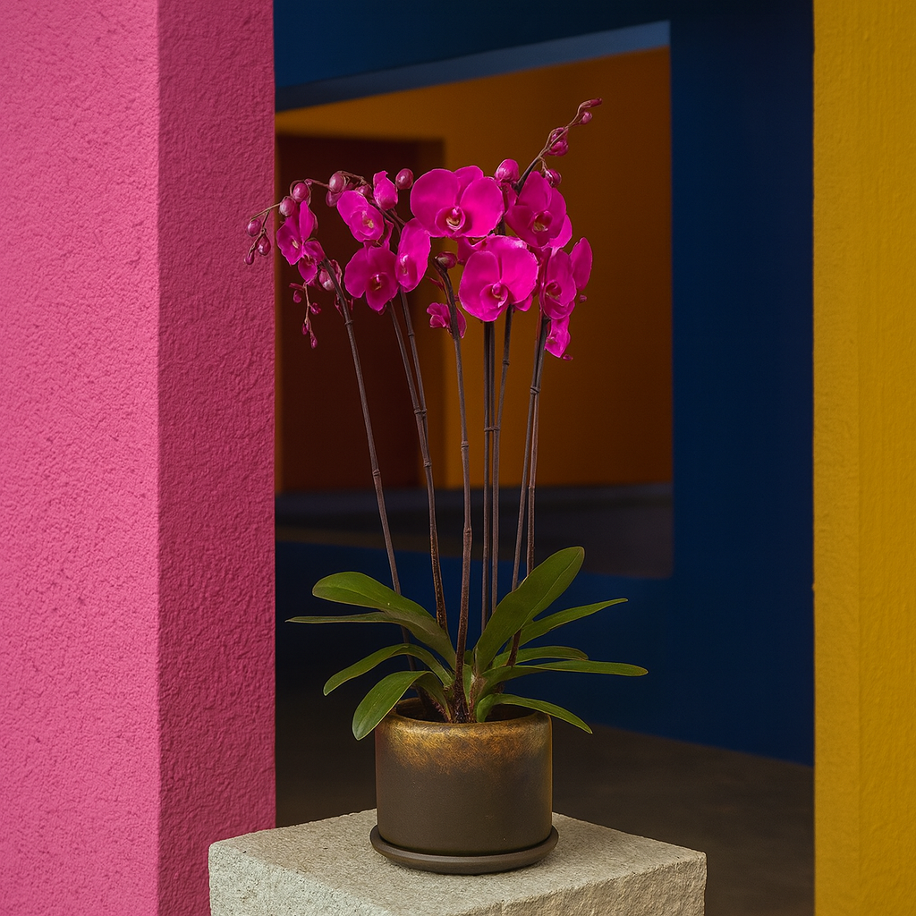 Phalaenopsis Oro Café- Maceta de cerámica con dos orquídeas  color fiusha