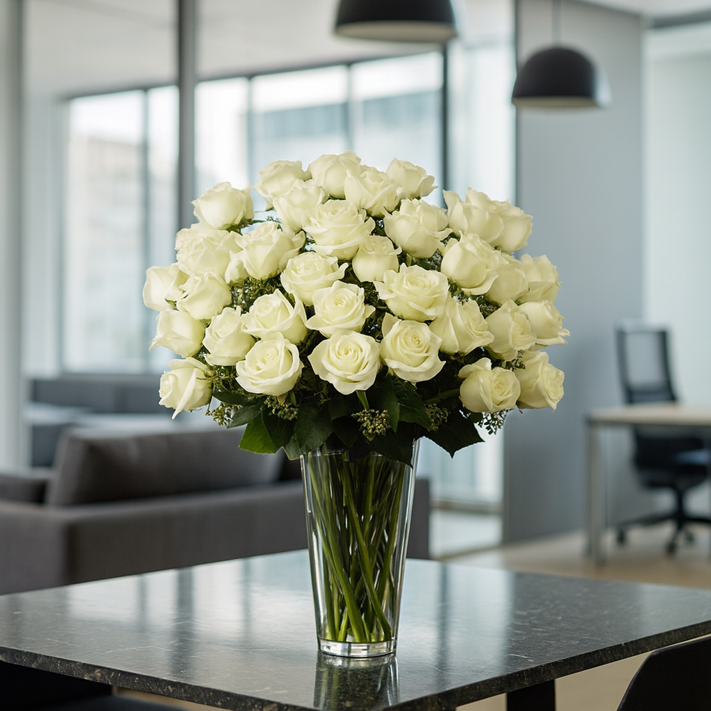 Sofia - Florero con 48 rosas blancas