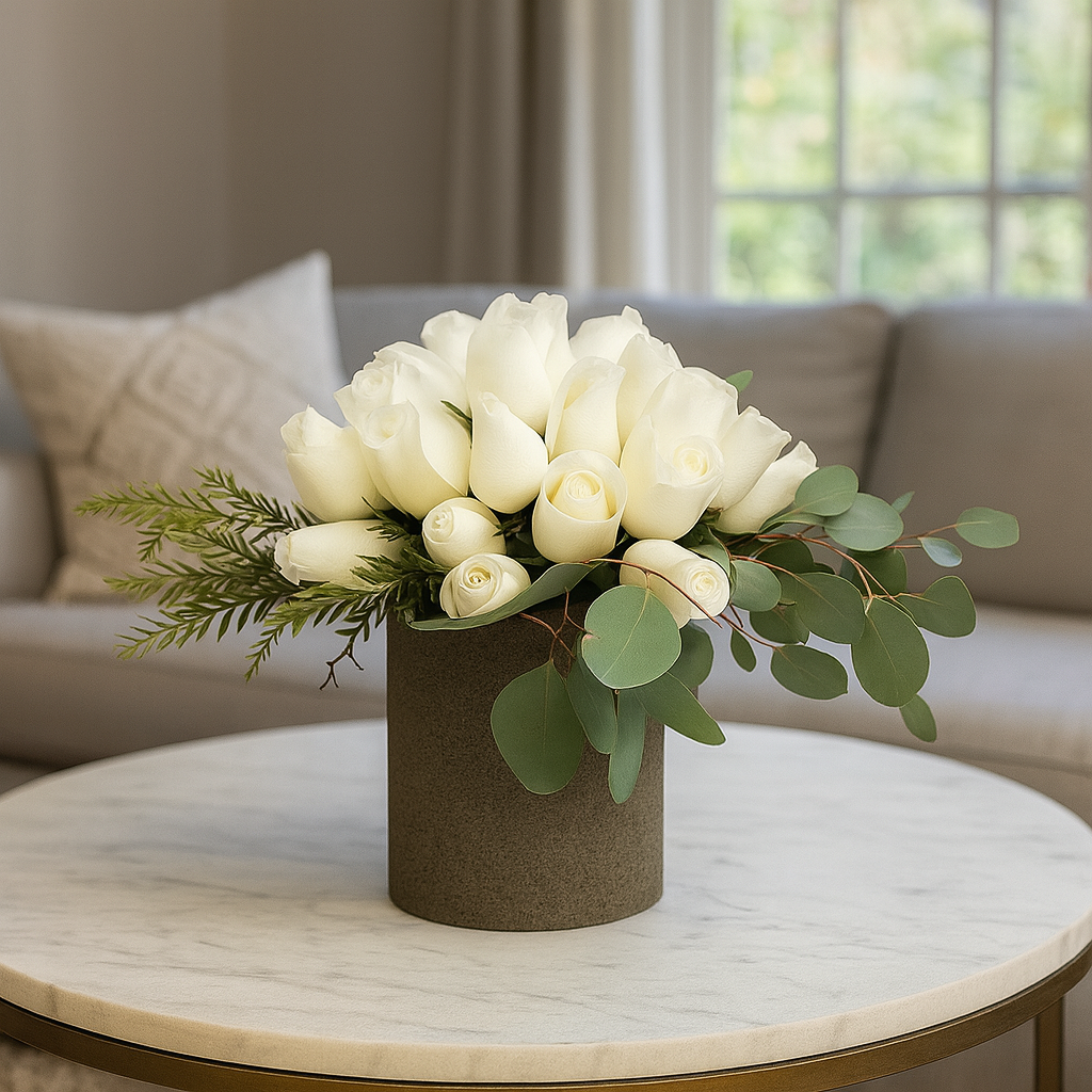 Paloma - base de cemento con 24 rosas blancas