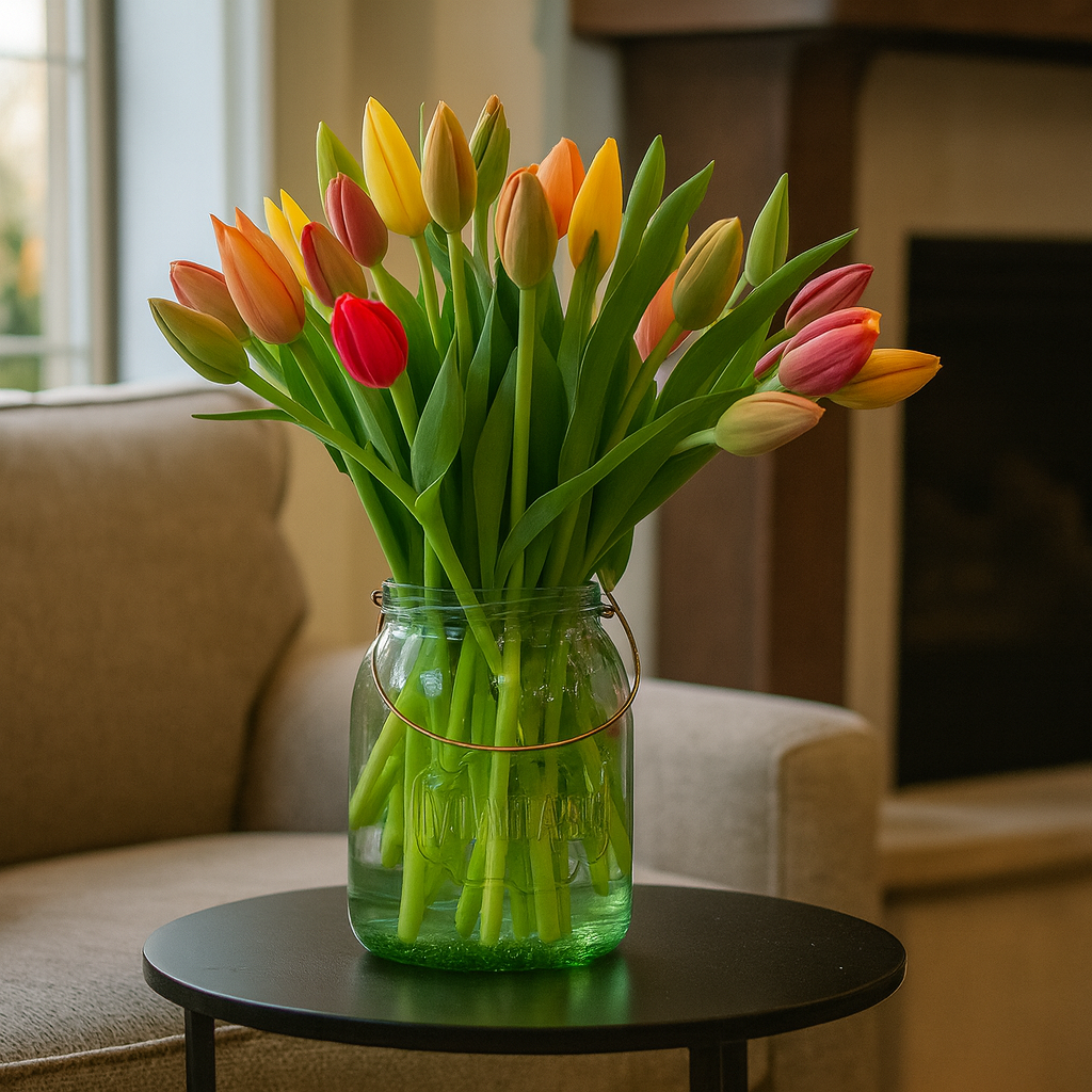 Mila - Florero de cristal con 30 tulipanes mixtos