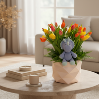 Dinora-caja con 30 tulipanes y dinosaurio de peluche