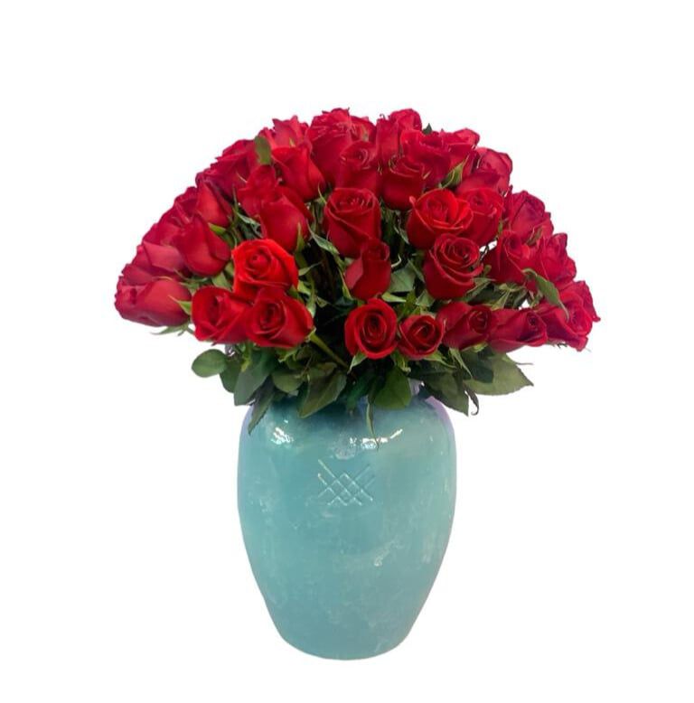 Etiqueta Danesa-jarrón esmaltado turquesa con 75 rosas rojas premium