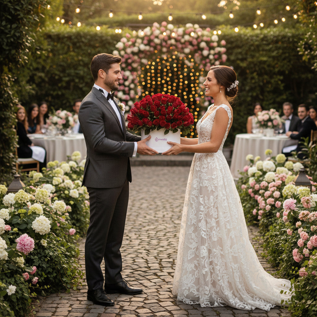Etiqueta Elegante-caja redonda blanca con 125 rosas rojas