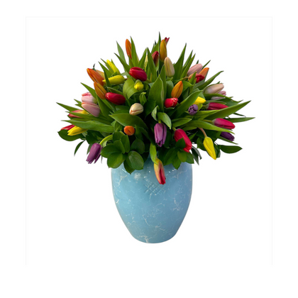 Etiqueta Manchester-jarrón esmaltado turquesa con blanco con 60 tulipanes de colores