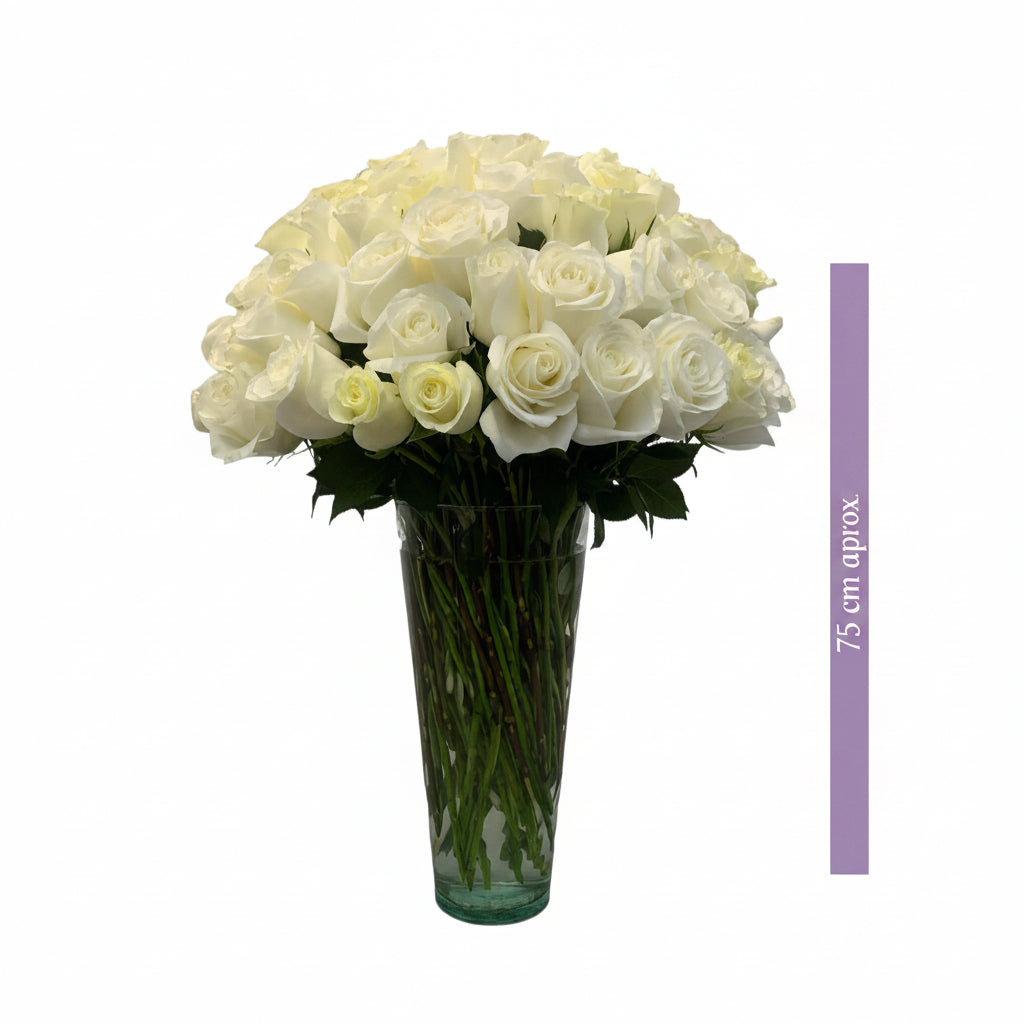 Etiqueta Negra-florero de vidrio con 100 rosas blancas