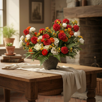 Elena-maceta de cemento con dalias, ranunculos y lisianthus