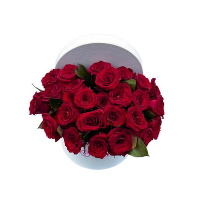 Emilia-caja redonda blanca con 24 rosas rojas