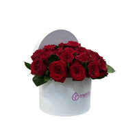 Emilia-caja redonda blanca con 24 rosas rojas