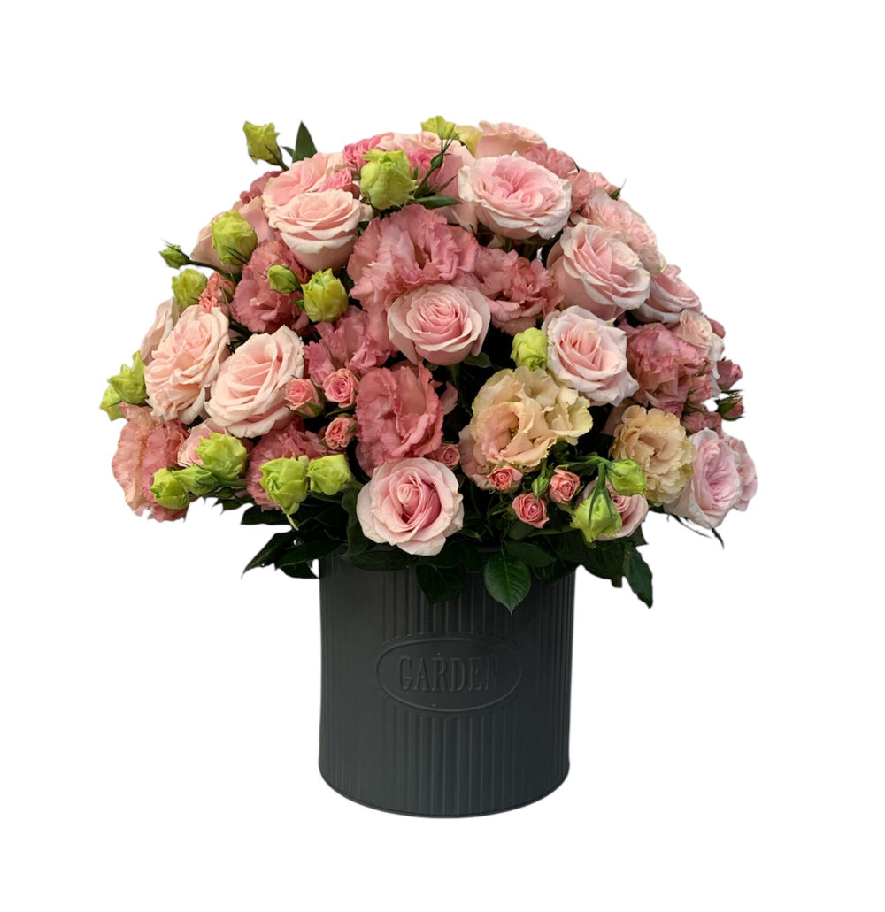 Etiqueta Rosa - maceta de metal con explosión de color rosa