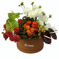 Etiqueta Dalí-caja redonda grande ocre con dalias, anturios