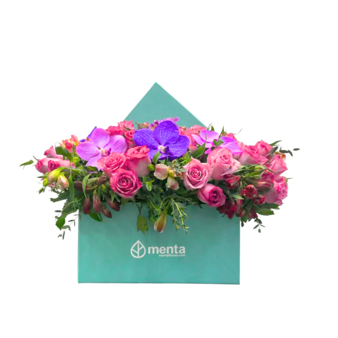 Etiqueta Marruecos-caja cuadrada con rosas aqua y orquídea vanda