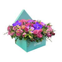 Etiqueta Marruecos-caja cuadrada con rosas aqua y orquídea vanda