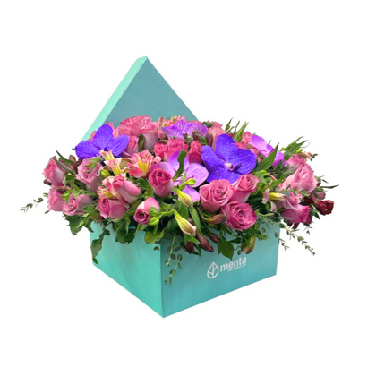 Etiqueta Marruecos-caja cuadrada con rosas aqua y orquídea vanda