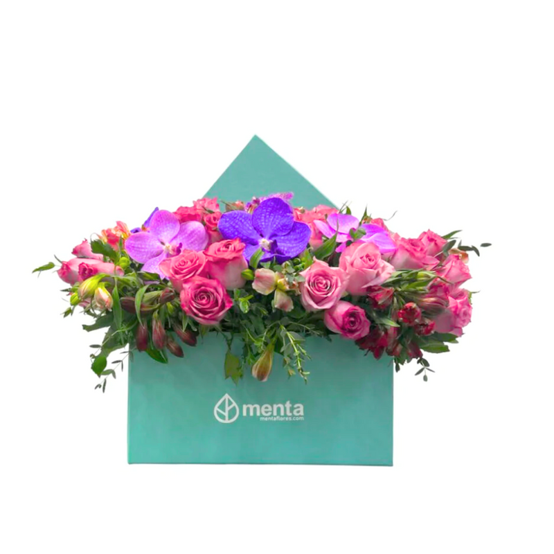 Etiqueta Marruecos-caja cuadrada con rosas aqua y orquídea vanda