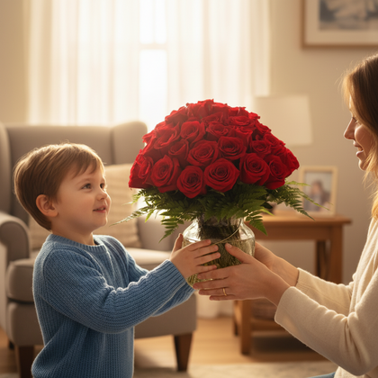 Galilea-florero de cristal con 72 rosas rojas