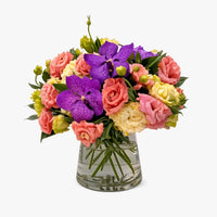 Henae-florero de vidrio grande con lisianthus y vandas