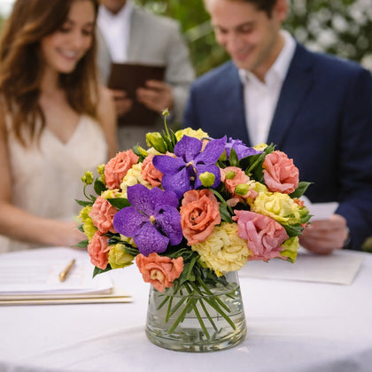 Henae-florero de vidrio grande con lisianthus y vandas