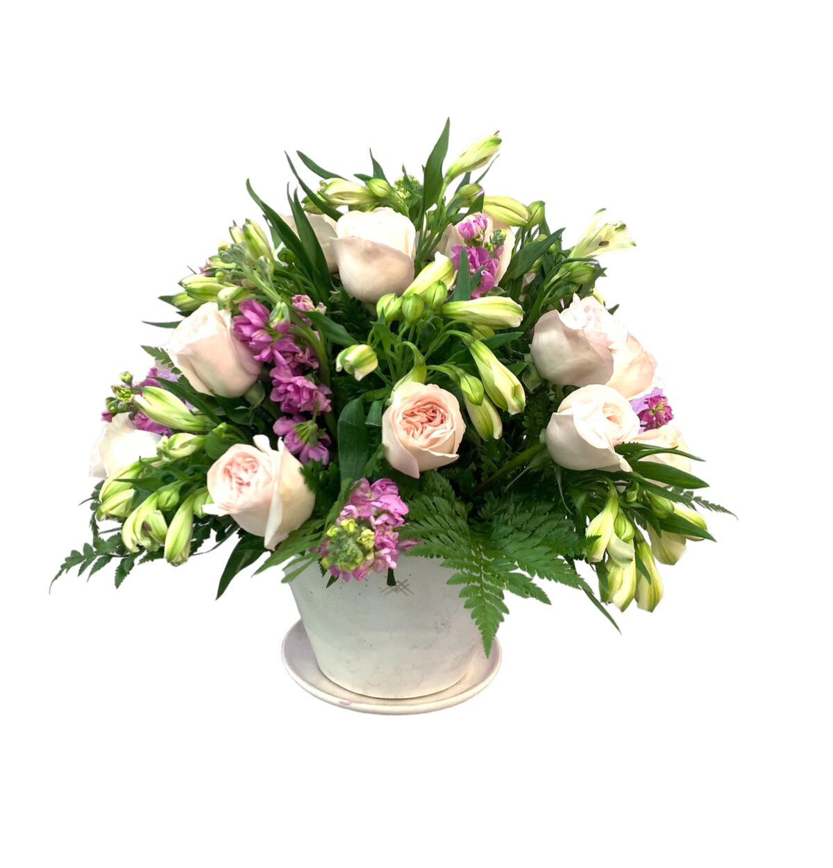 Gabriela-maceta esmaltada con rosas,y astromelias