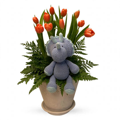 Galia-maceta con 20 tulipanes y dinosaurio de peluche