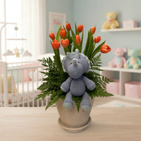 Galia-maceta con 20 tulipanes y dinosaurio de peluche