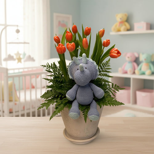 Galia - maceta con 20 tulipanes y dinosaurio de peluche