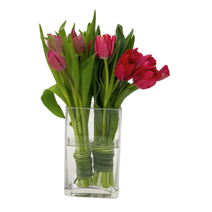 Gisele - florero de cristal con 20 tulipanes rojos