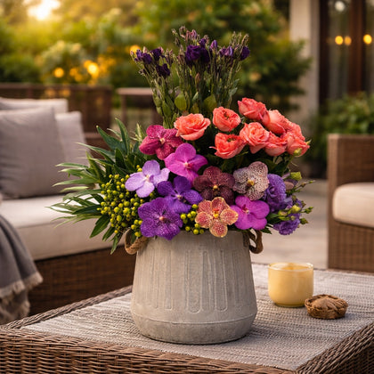 Livia-base de metal con lisianthus y vandas