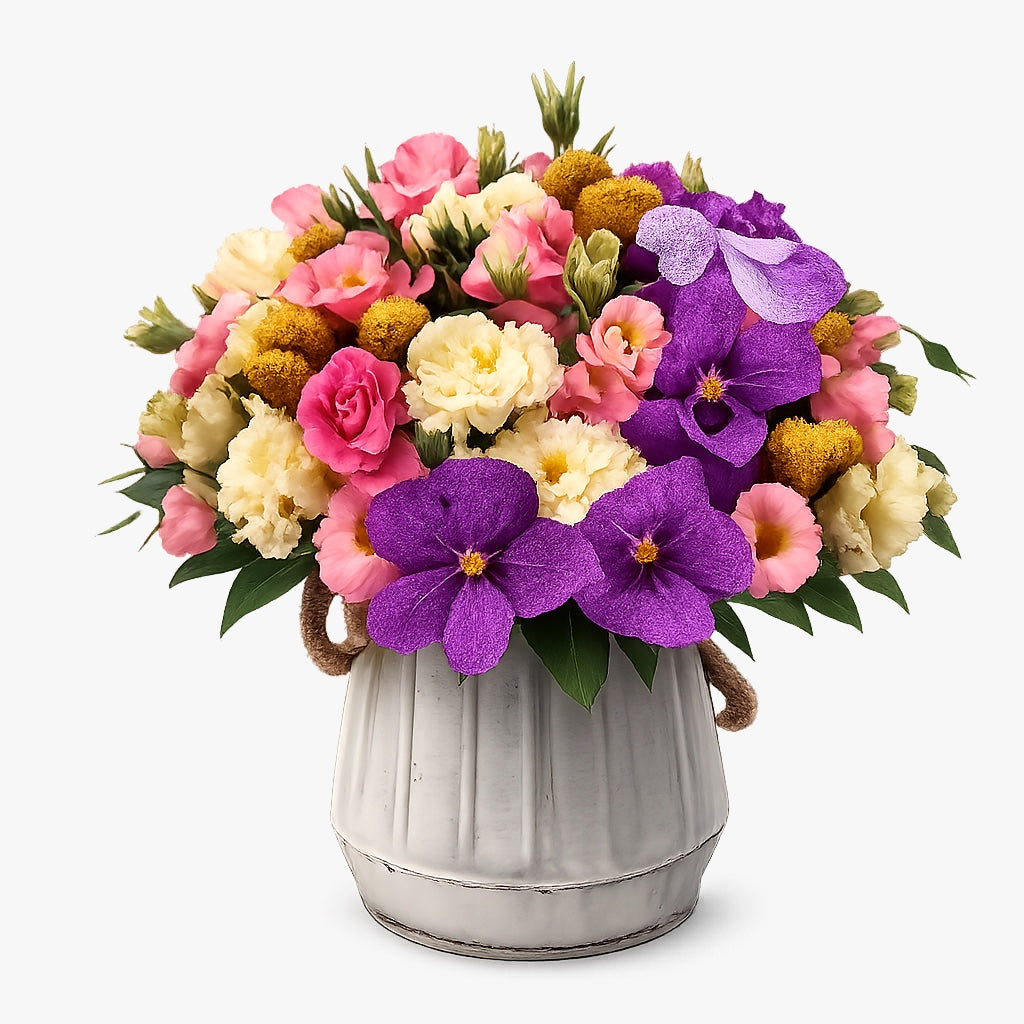 Irasema-base de metal con lisianthus y vanda
