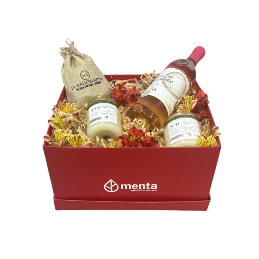 Houston-caja cuadrada roja con regalos y bebida